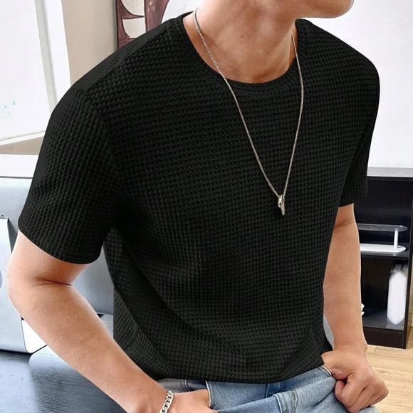Black Preppy Mens Solid Waffle Knit Tee - Picture 1 of 5